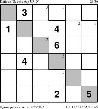 The grouppuzzles.com Difficult Sudoku-6up-UR-D puzzle for Saturday October 25, 2025 with the first 3 steps marked