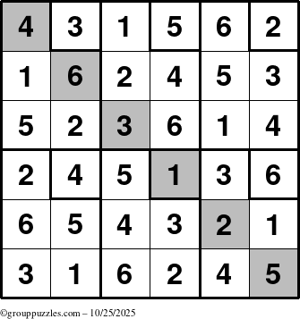 The grouppuzzles.com Answer grid for the Sudoku-6up-UR-D puzzle for Saturday October 25, 2025