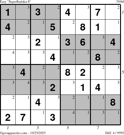 The grouppuzzles.com Easy SuperSudoku-8 puzzle for Saturday October 25, 2025 with all 4 steps marked