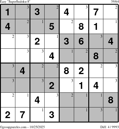 The grouppuzzles.com Easy SuperSudoku-8 puzzle for Saturday October 25, 2025 with the first 3 steps marked
