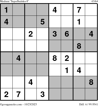 The grouppuzzles.com Medium SuperSudoku-8 puzzle for Saturday October 25, 2025