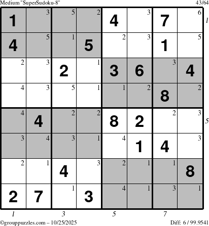 The grouppuzzles.com Medium SuperSudoku-8 puzzle for Saturday October 25, 2025 with all 6 steps marked