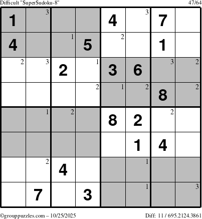 The grouppuzzles.com Difficult SuperSudoku-8 puzzle for Saturday October 25, 2025 with the first 3 steps marked