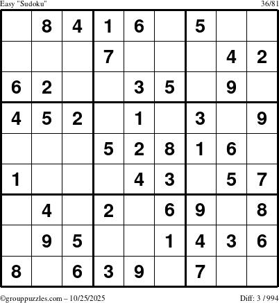 The grouppuzzles.com Easy Sudoku puzzle for Saturday October 25, 2025