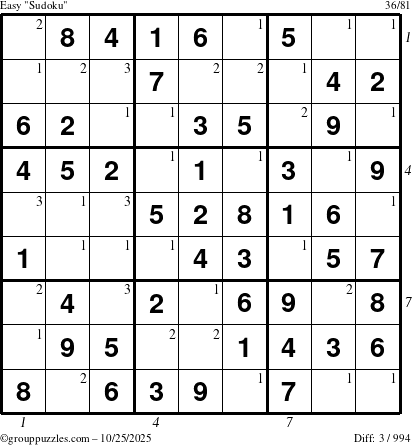 The grouppuzzles.com Easy Sudoku puzzle for Saturday October 25, 2025, suitable for printing, with all 3 steps marked