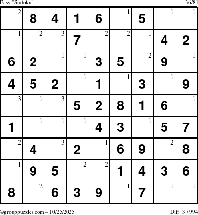 The grouppuzzles.com Easy Sudoku puzzle for Saturday October 25, 2025 with the first 3 steps marked