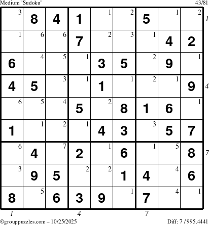 The grouppuzzles.com Medium Sudoku puzzle for Saturday October 25, 2025 with all 7 steps marked