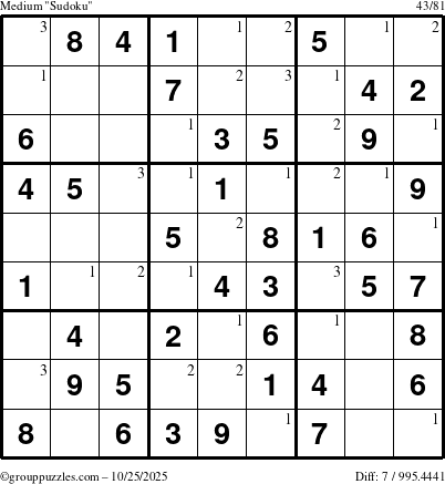 The grouppuzzles.com Medium Sudoku puzzle for Saturday October 25, 2025 with the first 3 steps marked