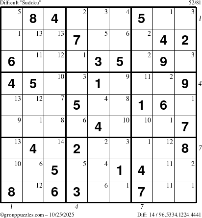 The grouppuzzles.com Difficult Sudoku puzzle for Saturday October 25, 2025 with all 14 steps marked