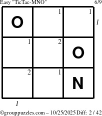 The grouppuzzles.com Easy TicTac-MNO puzzle for Saturday October 25, 2025 with all 2 steps marked