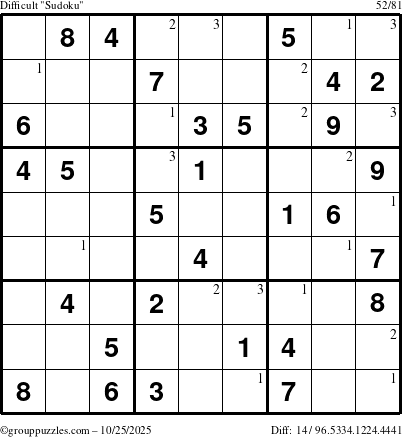 The grouppuzzles.com Difficult Sudoku puzzle for Saturday October 25, 2025 with the first 3 steps marked