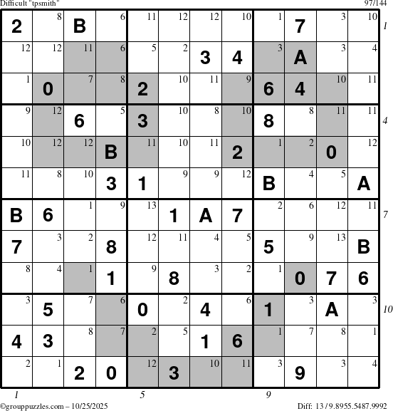 The grouppuzzles.com Difficult tpsmith puzzle for Saturday October 25, 2025 with all 13 steps marked