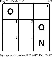 The grouppuzzles.com Easy TicTac-MNO puzzle for Saturday October 25, 2025 with the first 2 steps marked