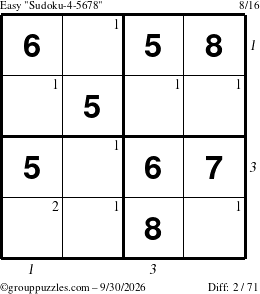 The grouppuzzles.com Easy Sudoku-4-5678 puzzle for Wednesday September 30, 2026 with all 2 steps marked