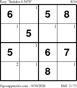 The grouppuzzles.com Easy Sudoku-4-5678 puzzle for Wednesday September 30, 2026 with the first 2 steps marked