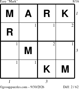 The grouppuzzles.com Easy Mark puzzle for Wednesday September 30, 2026, suitable for printing, with all 2 steps marked