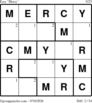 The grouppuzzles.com Easy Mercy puzzle for Wednesday September 30, 2026 with the first 2 steps marked