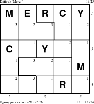 The grouppuzzles.com Difficult Mercy puzzle for Wednesday September 30, 2026, suitable for printing, with all 3 steps marked