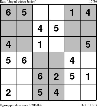 The grouppuzzles.com Easy SuperSudoku-Junior puzzle for Wednesday September 30, 2026
