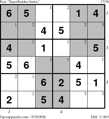 The grouppuzzles.com Easy SuperSudoku-Junior puzzle for Wednesday September 30, 2026, suitable for printing, with all 3 steps marked
