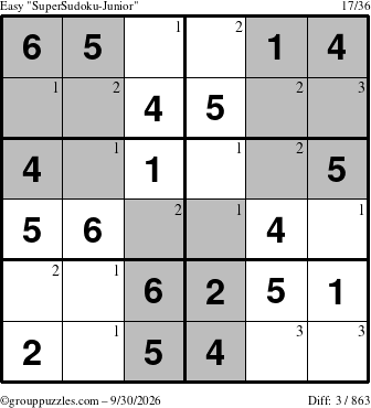 The grouppuzzles.com Easy SuperSudoku-Junior puzzle for Wednesday September 30, 2026 with the first 3 steps marked