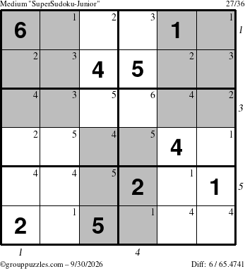 The grouppuzzles.com Medium SuperSudoku-Junior puzzle for Wednesday September 30, 2026 with all 6 steps marked