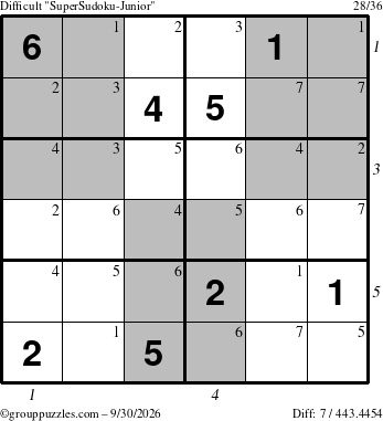 The grouppuzzles.com Difficult SuperSudoku-Junior puzzle for Wednesday September 30, 2026 with all 7 steps marked