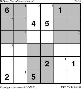 The grouppuzzles.com Difficult SuperSudoku-Junior puzzle for Wednesday September 30, 2026 with the first 3 steps marked