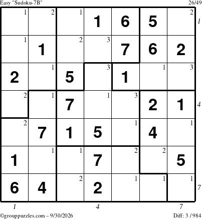 The grouppuzzles.com Easy Sudoku-7B puzzle for Wednesday September 30, 2026, suitable for printing, with all 3 steps marked