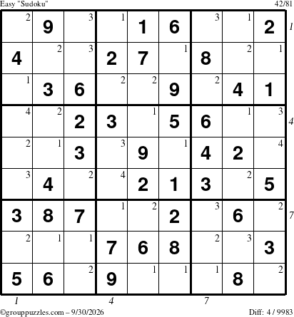 The grouppuzzles.com Easy Sudoku puzzle for Wednesday September 30, 2026, suitable for printing, with all 4 steps marked