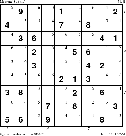 The grouppuzzles.com Medium Sudoku puzzle for Wednesday September 30, 2026, suitable for printing, with all 7 steps marked