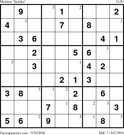The grouppuzzles.com Medium Sudoku puzzle for Wednesday September 30, 2026 with the first 3 steps marked