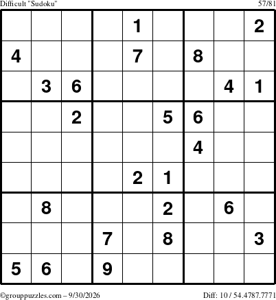 The grouppuzzles.com Difficult Sudoku puzzle for Wednesday September 30, 2026