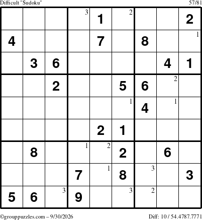 The grouppuzzles.com Difficult Sudoku puzzle for Wednesday September 30, 2026 with the first 3 steps marked