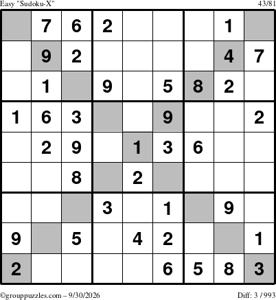 The grouppuzzles.com Easy Sudoku-X puzzle for Wednesday September 30, 2026