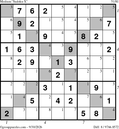 The grouppuzzles.com Medium Sudoku-X puzzle for Wednesday September 30, 2026, suitable for printing, with all 8 steps marked
