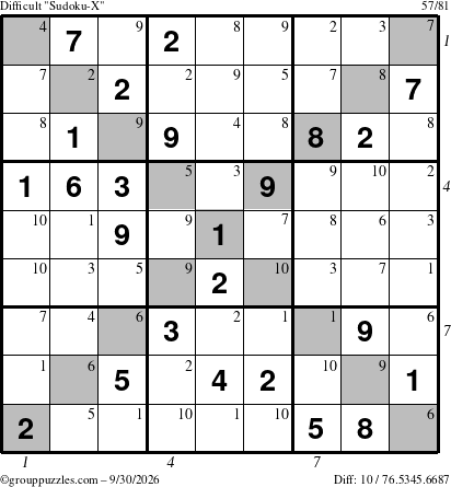 The grouppuzzles.com Difficult Sudoku-X puzzle for Wednesday September 30, 2026, suitable for printing, with all 10 steps marked