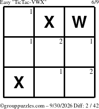The grouppuzzles.com Easy TicTac-VWX puzzle for Wednesday September 30, 2026 with the first 2 steps marked