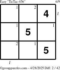 The grouppuzzles.com Easy TicTac-456 puzzle for Monday April 28, 2025 with all 2 steps marked