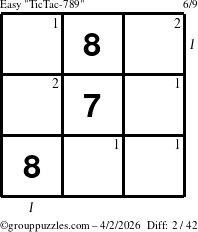 The grouppuzzles.com Easy TicTac-789 puzzle for Thursday April 2, 2026 with all 2 steps marked