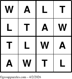 The grouppuzzles.com Answer grid for the Walt puzzle for Thursday April 2, 2026