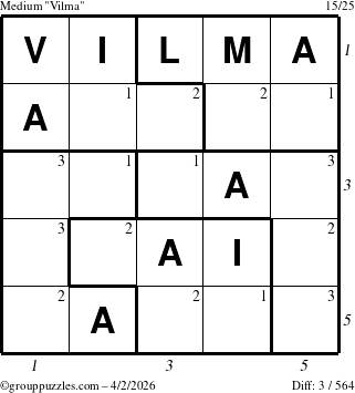 The grouppuzzles.com Medium Vilma puzzle for Thursday April 2, 2026 with all 3 steps marked