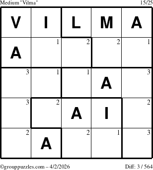 The grouppuzzles.com Medium Vilma puzzle for Thursday April 2, 2026 with the first 3 steps marked