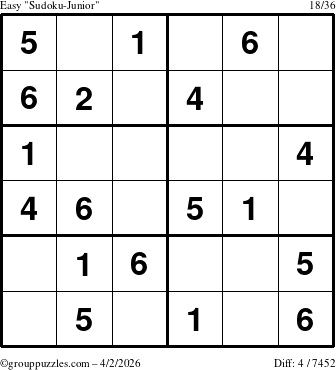 The grouppuzzles.com Easy Sudoku-Junior puzzle for Thursday April 2, 2026