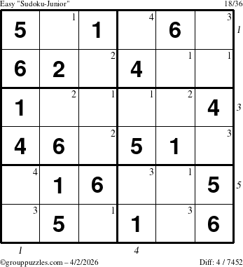 The grouppuzzles.com Easy Sudoku-Junior puzzle for Thursday April 2, 2026, suitable for printing, with all 4 steps marked