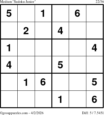 The grouppuzzles.com Medium Sudoku-Junior puzzle for Thursday April 2, 2026