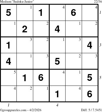 The grouppuzzles.com Medium Sudoku-Junior puzzle for Thursday April 2, 2026, suitable for printing, with all 5 steps marked