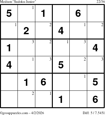 The grouppuzzles.com Medium Sudoku-Junior puzzle for Thursday April 2, 2026 with the first 3 steps marked