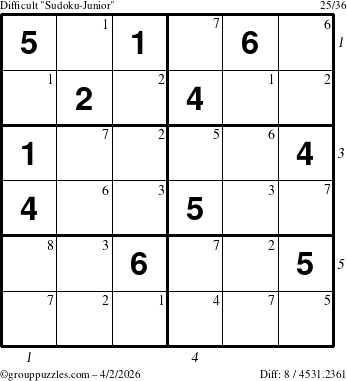 The grouppuzzles.com Difficult Sudoku-Junior puzzle for Thursday April 2, 2026, suitable for printing, with all 8 steps marked