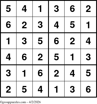 The grouppuzzles.com Answer grid for the Sudoku-Junior puzzle for Thursday April 2, 2026